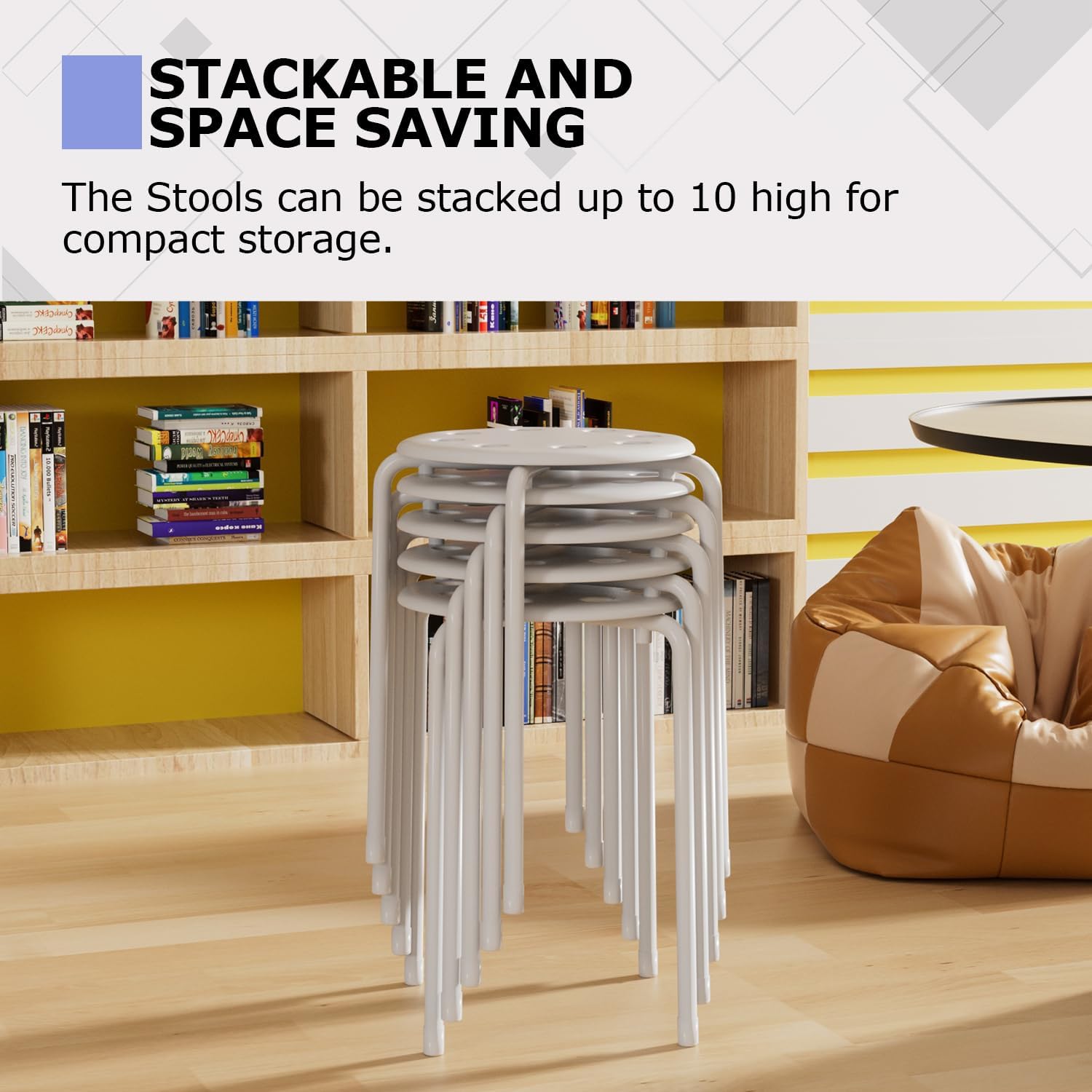 VECELO 6-Piece Stacking Stools, 17.7 Inch Standard Height, Portable Stackable Colorful Decoration Stools for School Classroom and Office Use, White