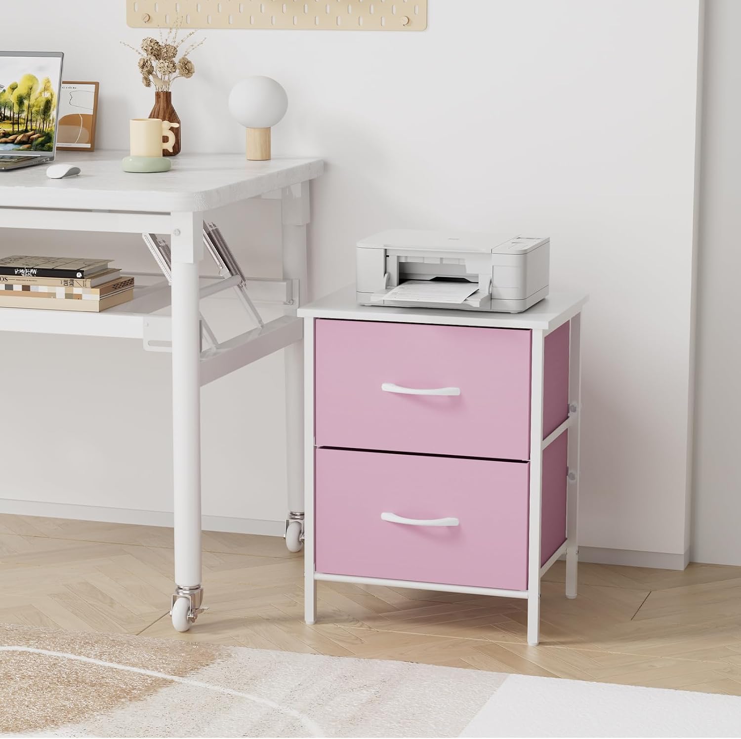 Stero Nightstand, Kids Dresser with 2 Drawers, Steel Frame Bedside Furniture, Wood Top Fabric Night Stand, Colorful End Table for Home, Bedroom, Office Pink