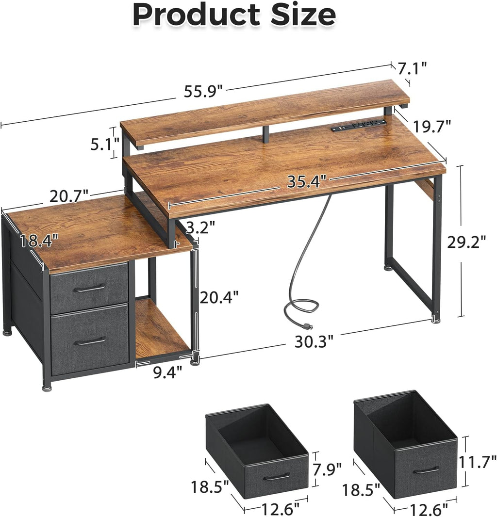 AODK Computer Desk with Printer Storage Shelf, 56 Inch Office Desk with Drawers & Power Outlet, Reversible Desk Space-Saving Workstation with Individual PC Stand, Rustic Brown