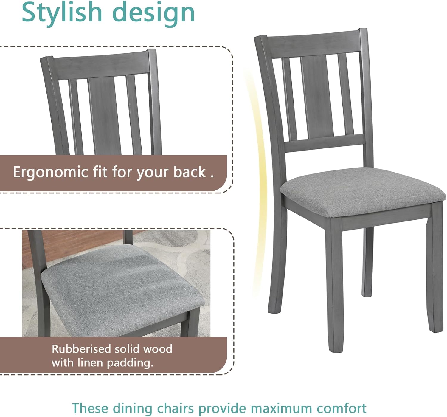 RuiSiSi 5 Piece Dining Table Set for 4, Farmhouse Kitchen Table with 4 Padded Seat Chairs, Solid Wood Dinette Set for Kitchen, Living Room, Grey
