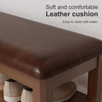 AQIMUELE Shoe Bench with Leather Cushion, 3 Tiers Shoe Storage Bench Height Adjustable, Walnut Wood Entryway Bench for Hallway, Mudroom