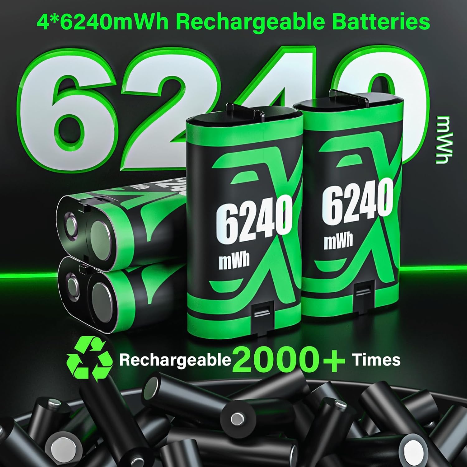 Rechargeable Xbox Controller Battery Pack for Xbox one/Xbox One S/Xbox X/Xbox Elite/Xbox Series X|S, 4x6240mWh Batteries Pack for Xbox Accessories Kits, Xbox 360 Console