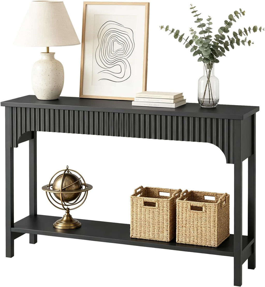 MAHANCRIS Fluted Console Table for Entryway, 43.2" Narrow Console Table with Storage, 2 Tier Industrial Sofa Table for Entryway, for Living Room, Behind Couch, Narrow Hallway, Entry, Black CTBK38001