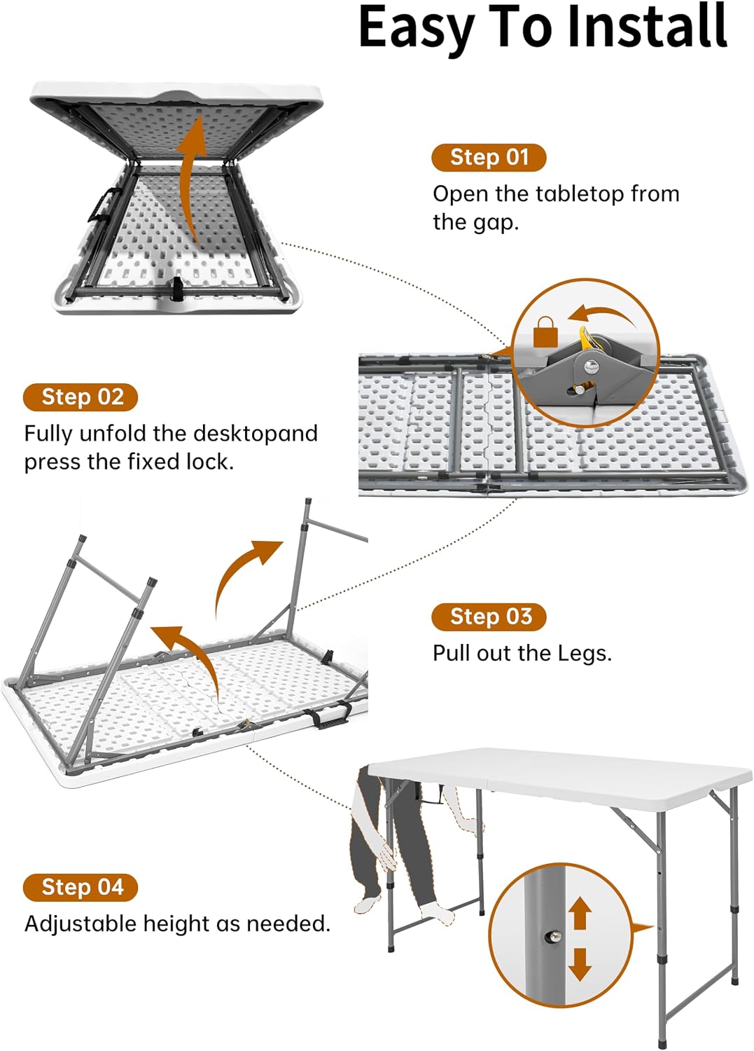 Folding Camping Table 4 Foot Adjustable Height 350lbs, 4FT Folding Picnic Card Table for Outdoor, Plastic Rectangular Dining Work Tables for Indoor, Heavy Duty Fold-in-Half Tray Tables