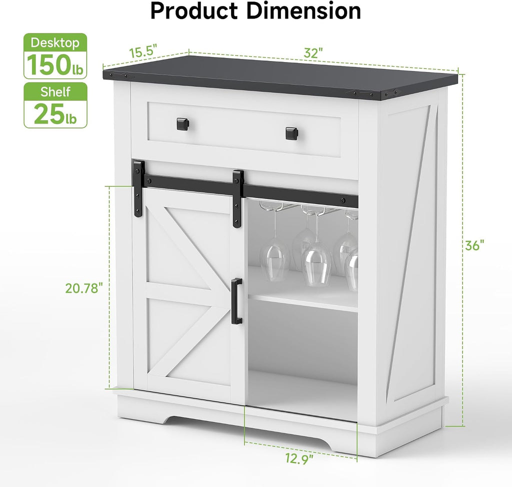Real Relax Coffee Bar Cabinet, Farmhouse Sideboard Buffet Cabinets with Storage, Wine Glass Rack, Sliding Barn Door, Buffet Table for Kitchen, Dining Room, Entryway, White