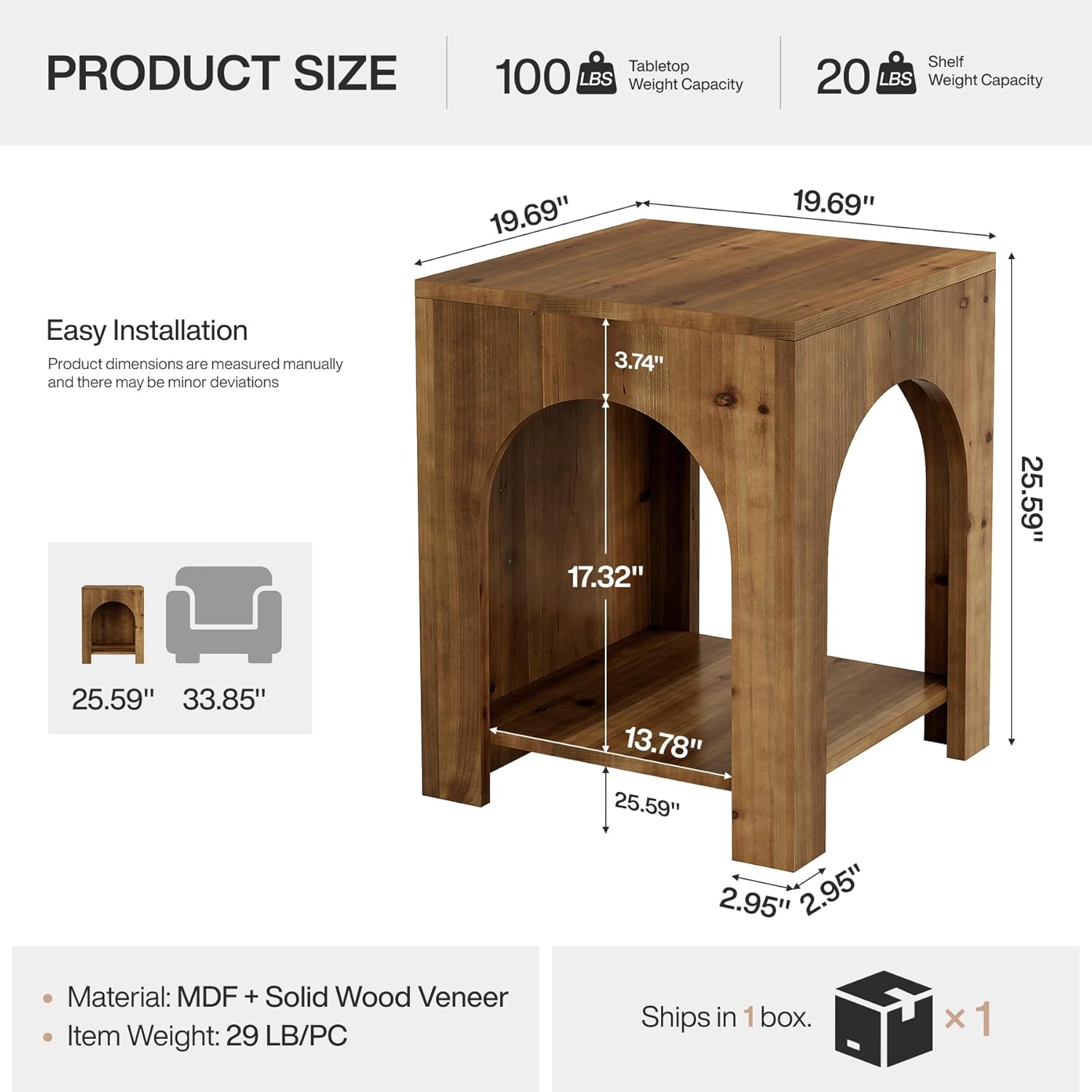 Tribesigns Farmhouse Wooden End Table with Arch Design, 2-Tier Storage Square Side Table for Living Room, Bedroom, or Office, Rustic Brown & Easy to Assemble