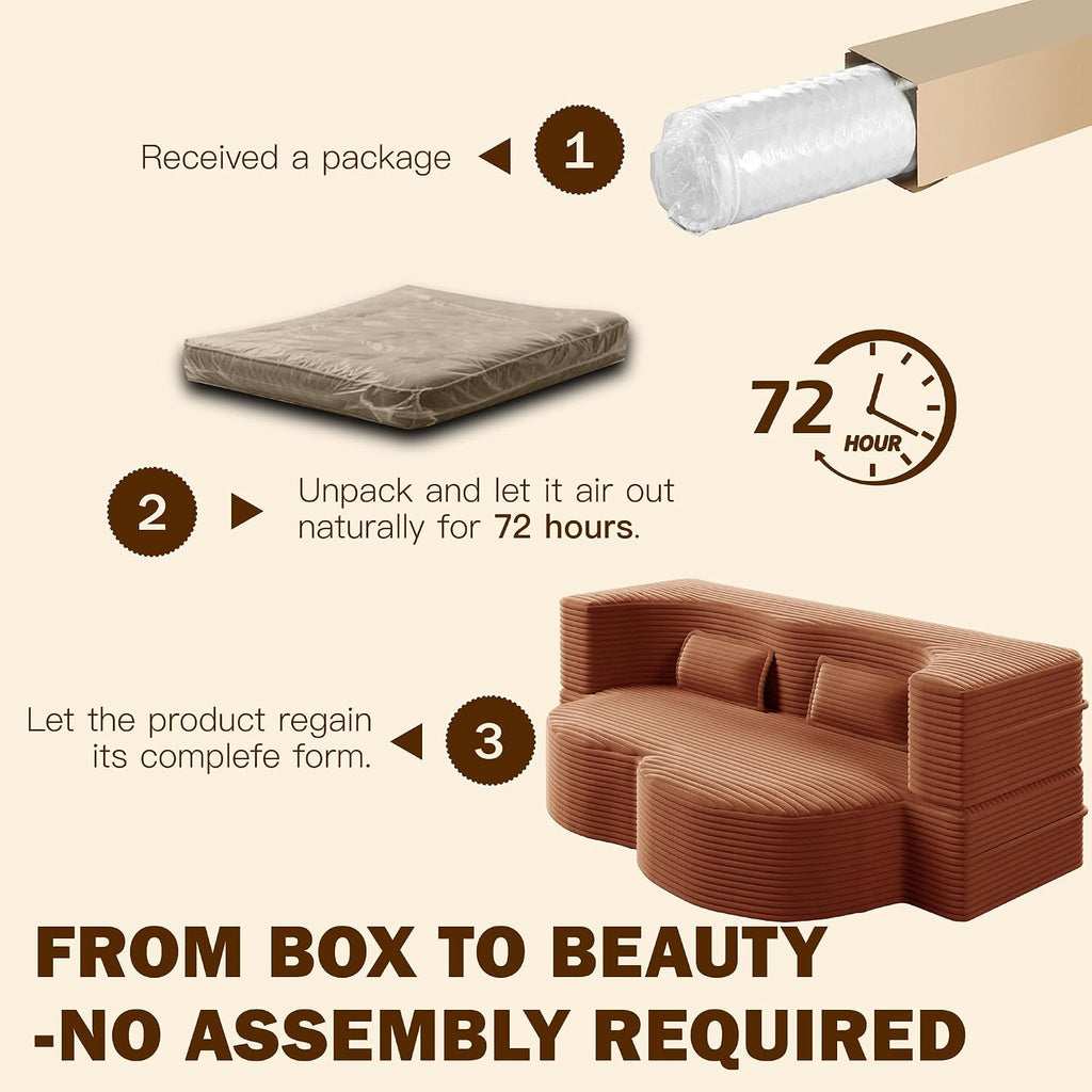 Convertible Folding Sofa Bed, 2-in-1 Full Size Floor Boneless Couch Bed, Loveseat sleeper Couch , Teddy Floor Sofa, Memory Foam Sleeper SofaBed, Small couches for small spaces, No Assembly, Orange