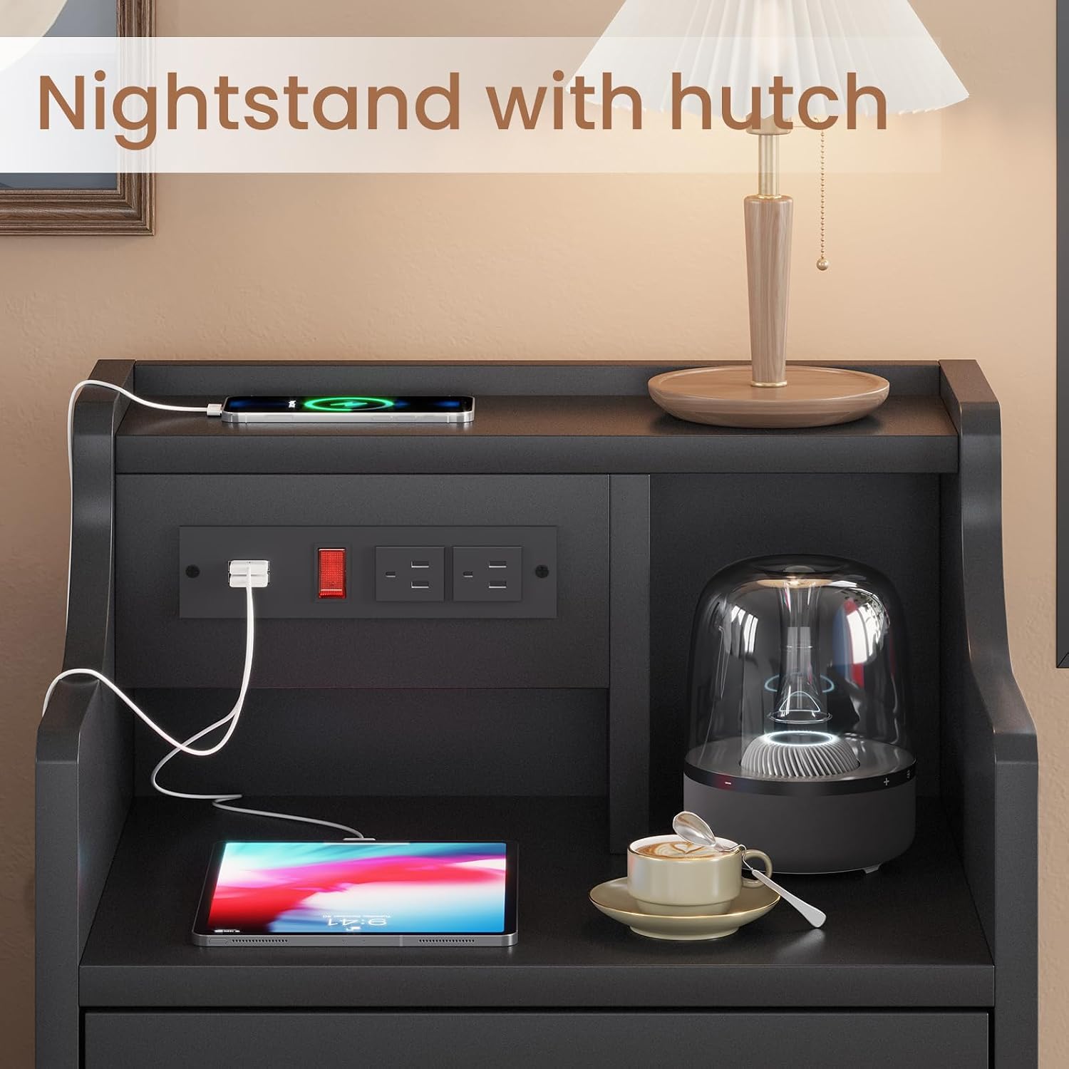 ADORNEVE Black Nightstand with Charging Station & Drawers | Night Stand for Bedroom,End Table with Hutch & 3 Storage Drawers
