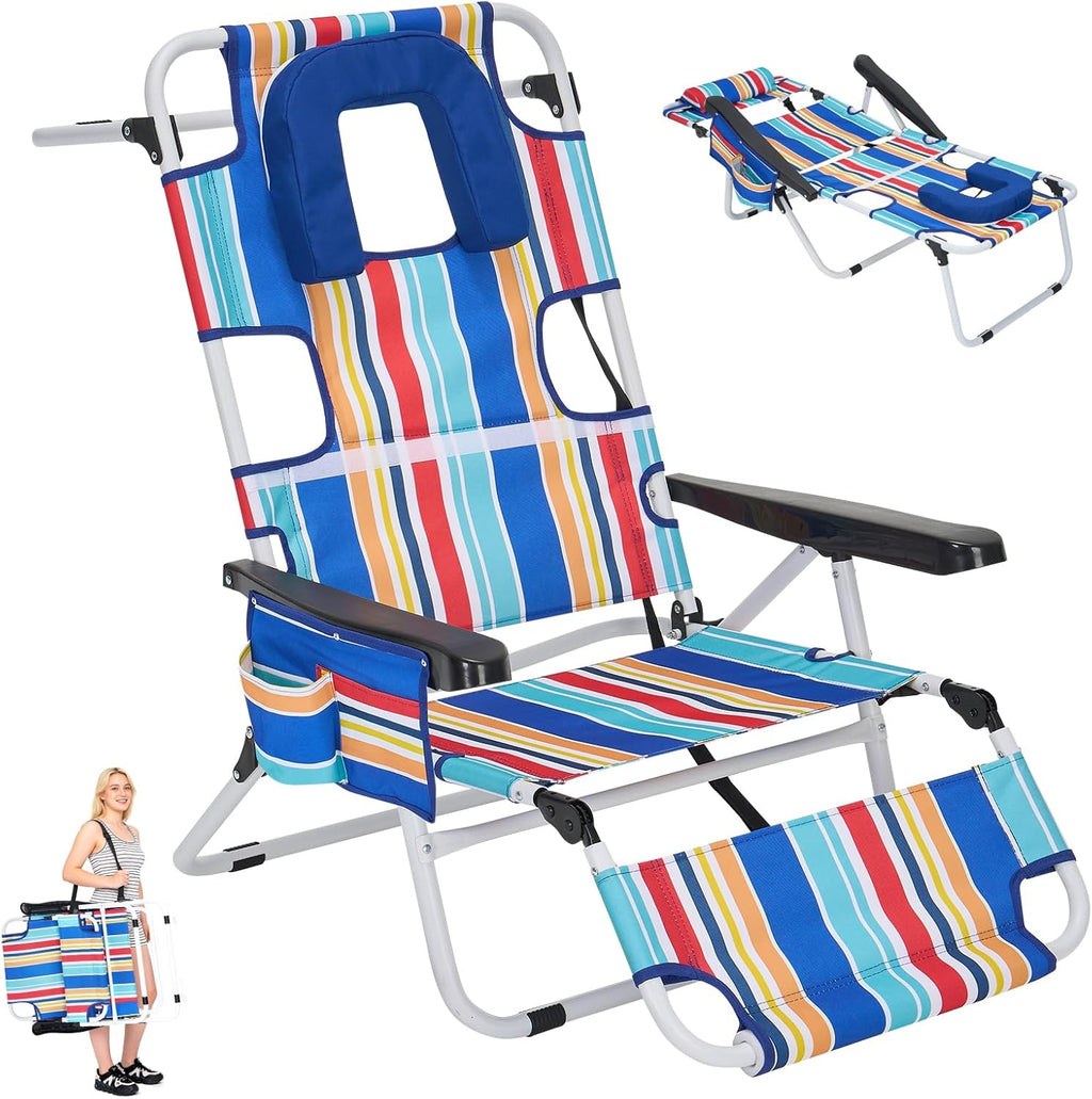 5 Position Folding Beach Chair with Face Hole, Portable Backpack Foldable Lounge Chair w/Headrest&Armrest,Heavy Duty Lay Flat Tanning Chair for Face Down Reading for Adult,440lb Capacity,Blue Stripes