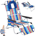 5 Position Folding Beach Chair with Face Hole, Portable Backpack Foldable Lounge Chair w/Headrest&Armrest,Heavy Duty Lay Flat Tanning Chair for Face Down Reading for Adult,440lb Capacity,Blue Stripes