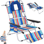5 Position Folding Beach Chair with Face Hole, Portable Backpack Foldable Lounge Chair w/Headrest&Armrest,Heavy Duty Lay Flat Tanning Chair for Face Down Reading for Adult,440lb Capacity,Blue Stripes