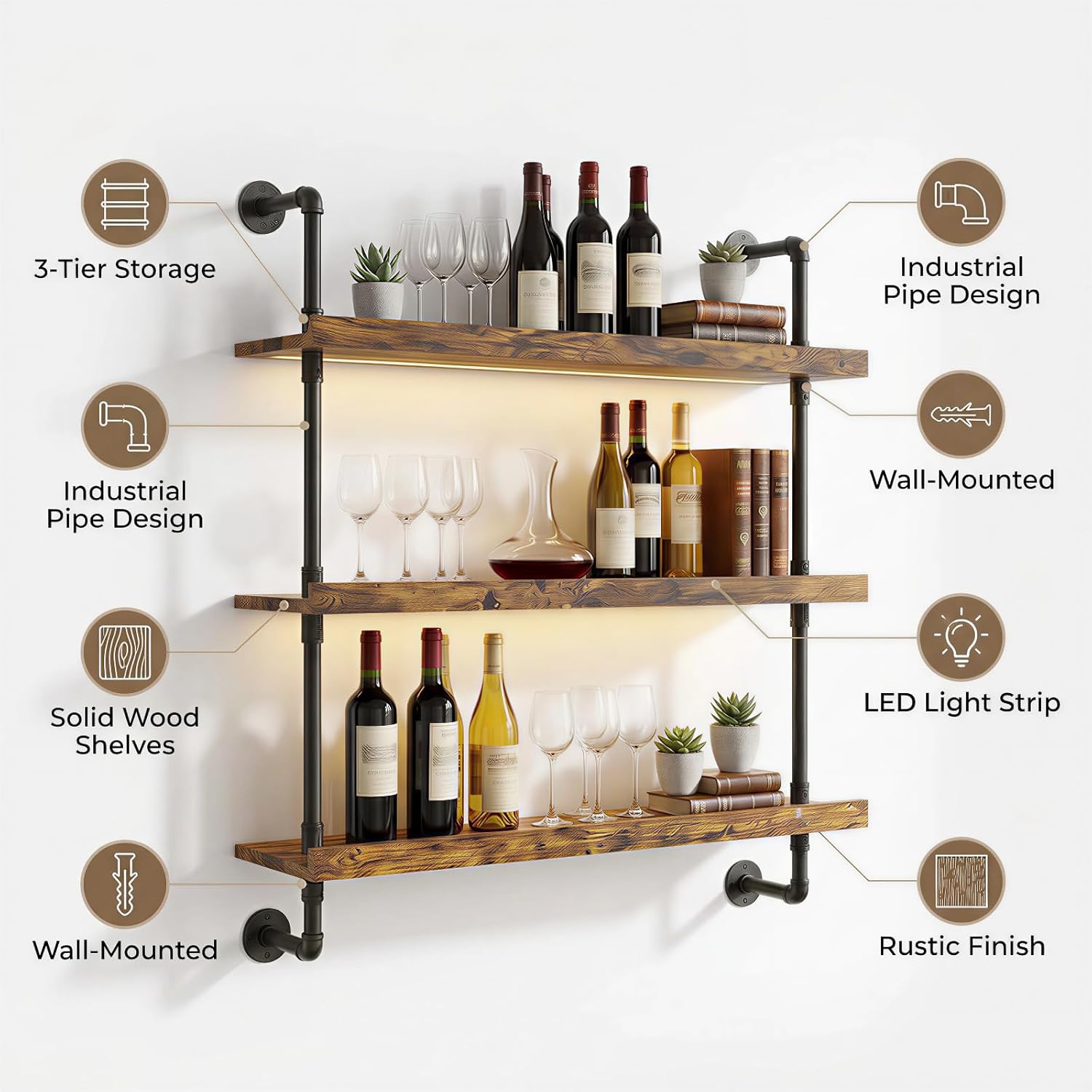 23.6“ Wall Mounted Wine Rack with LED Lights,3-Tier Floating Bar Shelf for Liquor Bottle Display & Storage,Modern Wine Shelf Organizer for Kitchen, Home Bar & Dining Room