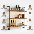 23.6“ Wall Mounted Wine Rack with LED Lights,3-Tier Floating Bar Shelf for Liquor Bottle Display & Storage,Modern Wine Shelf Organizer for Kitchen, Home Bar & Dining Room