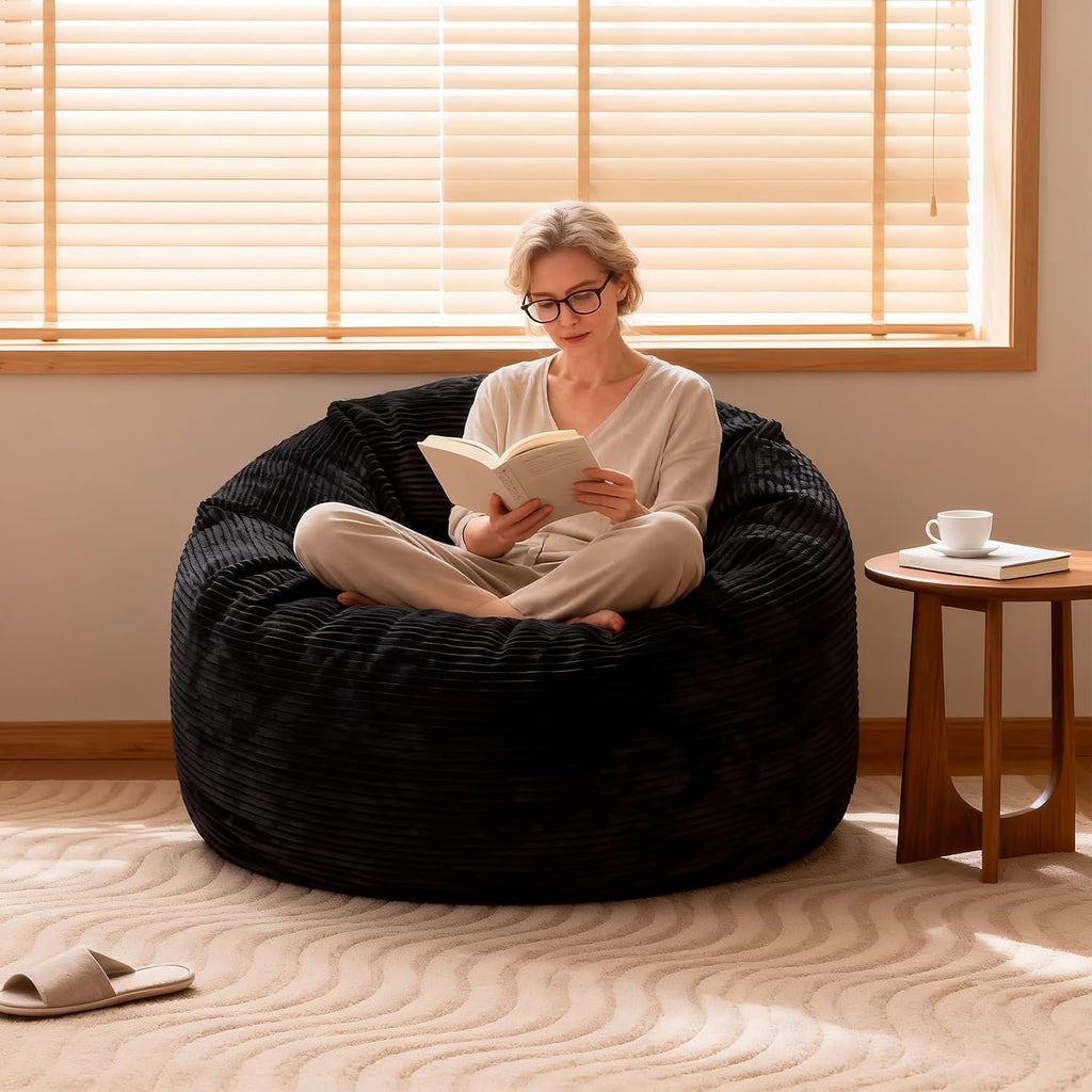 Bean Bag Chairs, 3FT Bean Bag with Memory Foam Filling, Removable and Washable Pinwale Plush Cover, Comfy Bean Bag Chairs for Living Room, Den, Bedroom or Office-Black