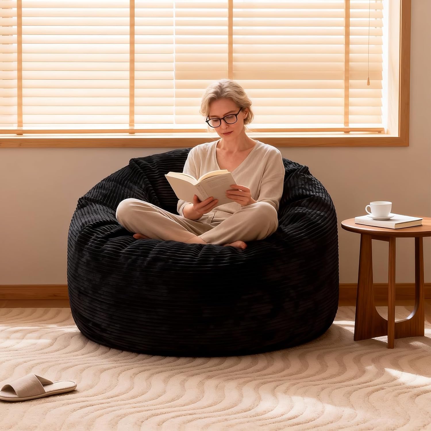Bean Bag Chairs, 3FT Bean Bag with Memory Foam Filling, Removable and Washable Pinwale Plush Cover, Comfy Bean Bag Chairs for Living Room, Den, Bedroom or Office-Black