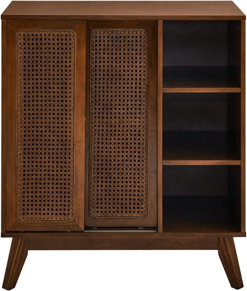 Mid Century Modern Rattan Sideboard Cabinet, Buffet Cabinet for Entryway Hallway Living Room Kitchen Dining Room, Adjustable Shelf & Feet Doors,for Kitchen