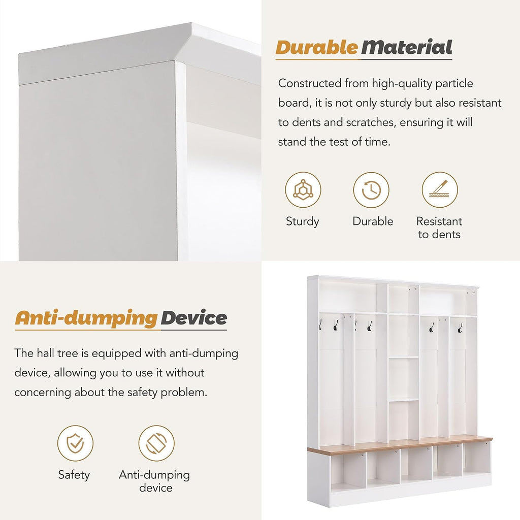 LUMISOL 4-in-1 Hall Tree with Shoe Bench, Cube Storage & Shelves, Wide Entryway Coat Rack with 8 Hooks for Mudroom Living Room, White