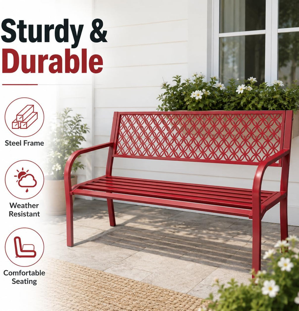 Heavy Duty Red Metal Patio Garden Bench for 2 – 50" Wide, 790 lbs Capacity – Weather Resistant – Geometric Backrest & Slatted Seat – Porch, Yard, Deck, Entryway – Red