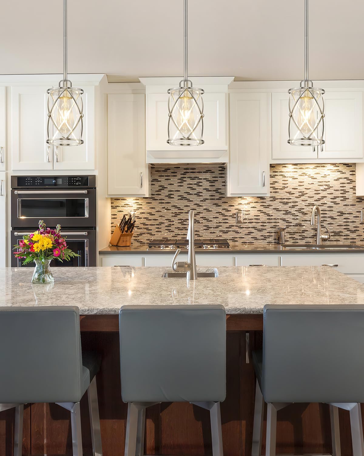 Brushed Nickel Pendant Lights Kitchen Island 3 Pack, Glass Kitchen Pendant Lighting Over Island with Rod, Modern Mini Hanging Light for Kitchen Sink Dining Room, CH9176BN-3PK