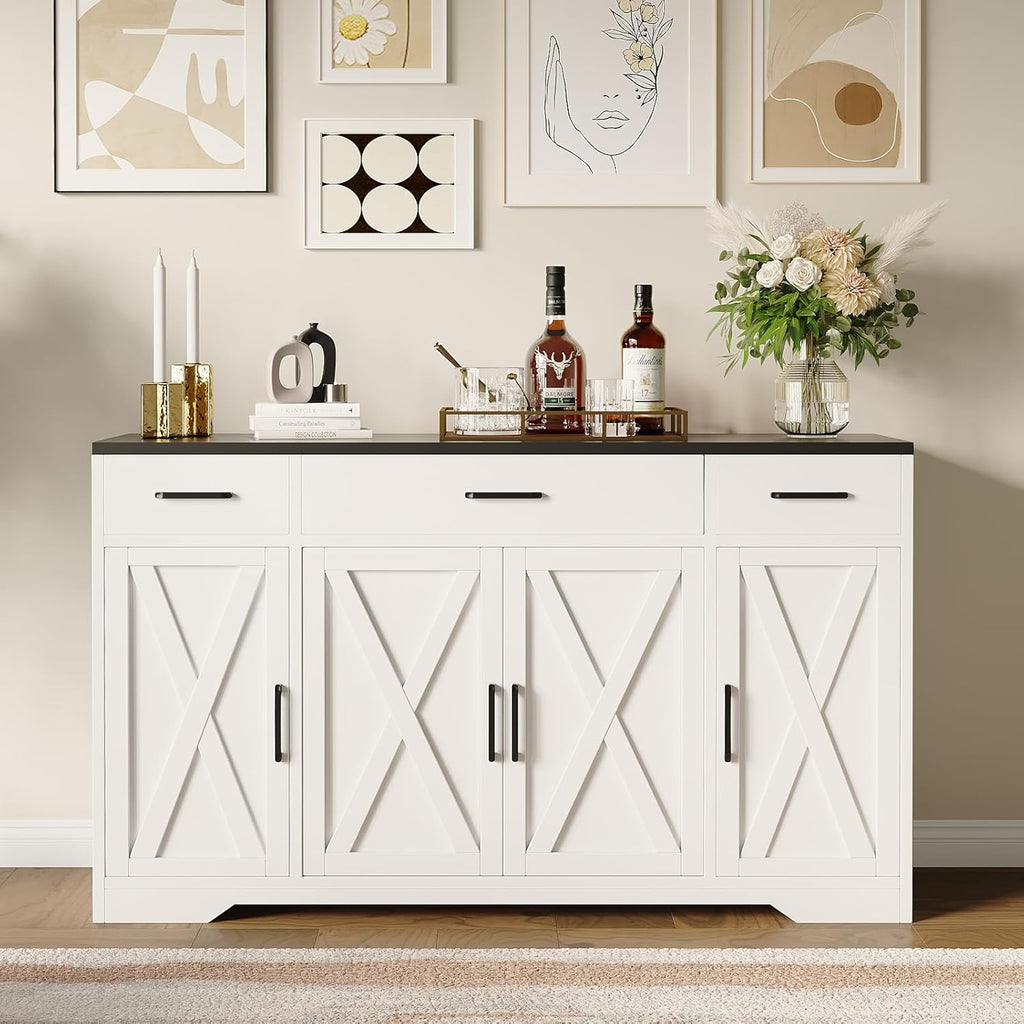 55" Sideboard with Storage Kitchen Storage Cabinet with 3 Drawers, Modern Large Wood Farmhouse Buffet Cabinet TV Stand Coffee Bar for Living Room Hallway