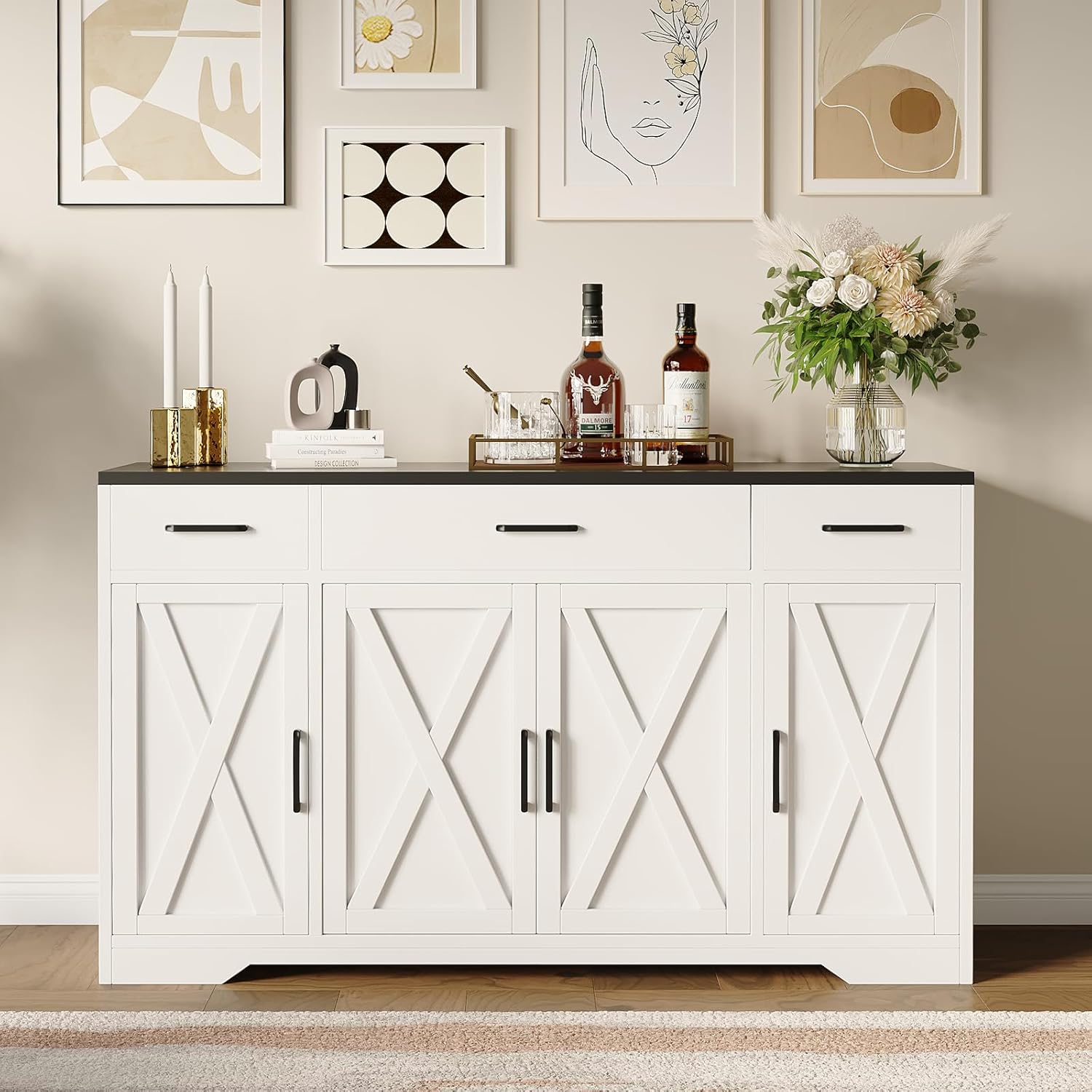 55" Sideboard with Storage Kitchen Storage Cabinet with 3 Drawers, Modern Large Wood Farmhouse Buffet Cabinet TV Stand Coffee Bar for Living Room Hallway