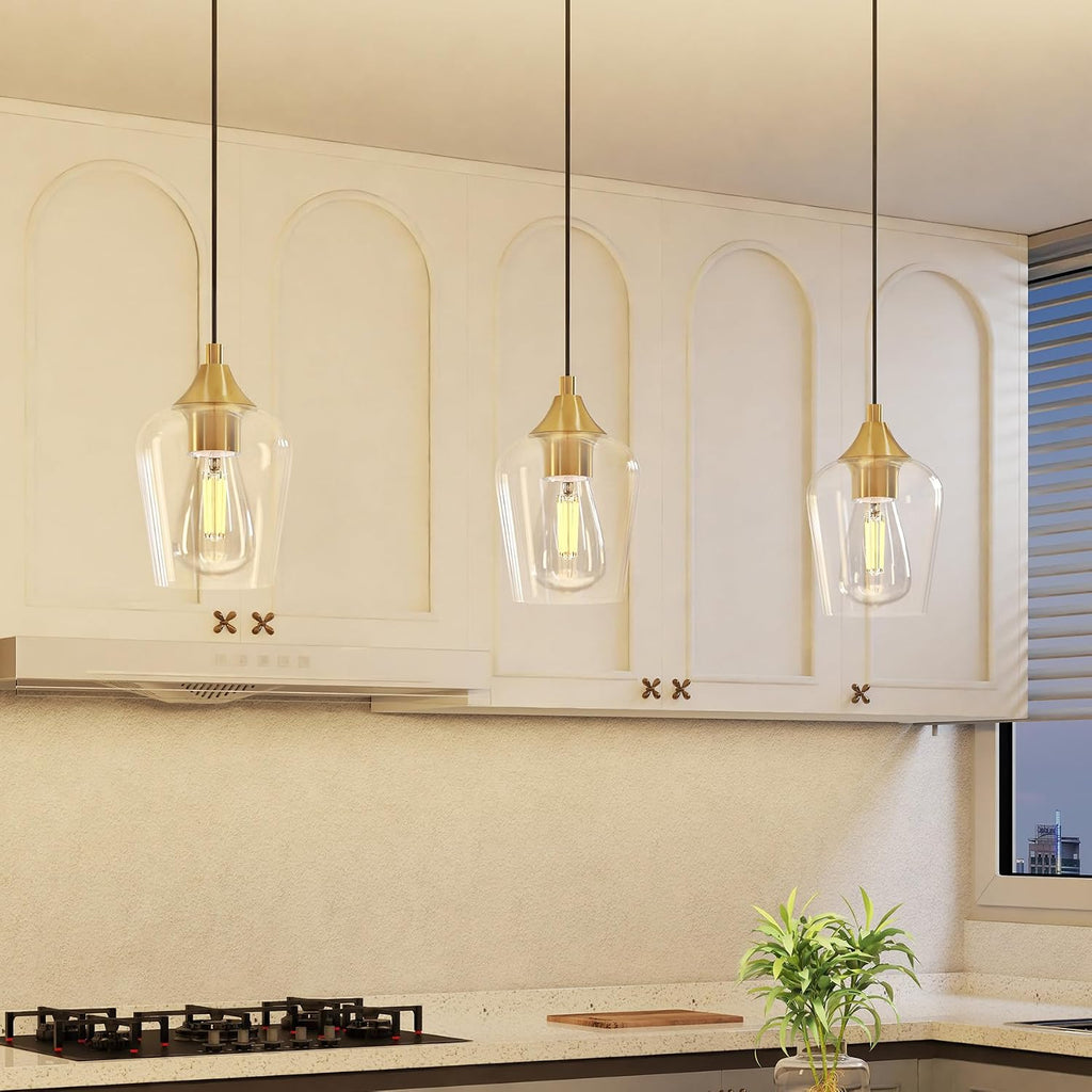VONLUCE Pendant Lights Kitchen Island, Brushed Gold Pendant Light Fixtures with E26 Base & Adjustable Cable, Modern Pendant Lighting with Glass Shade for Living Room Bedroom Hallway, 3 Packs