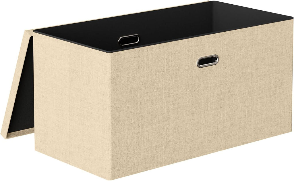 VECELO 30'' Folding Storage Ottoman Bench, End of Bed Linen Fabric Foot Rest Stool with Padded Seat, Large Footstools for Bedroom, Living Room, Load 500 lb, Khaki