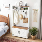 EROMMY 38" Farmhouse Hall Tree with Bench and Shoe Storage, Entryway Bench with Coat Rack, 2 Open Compartments, 5 Coat Hooks, Barn Door & Adjustable Shelf, Rustic White and Brown