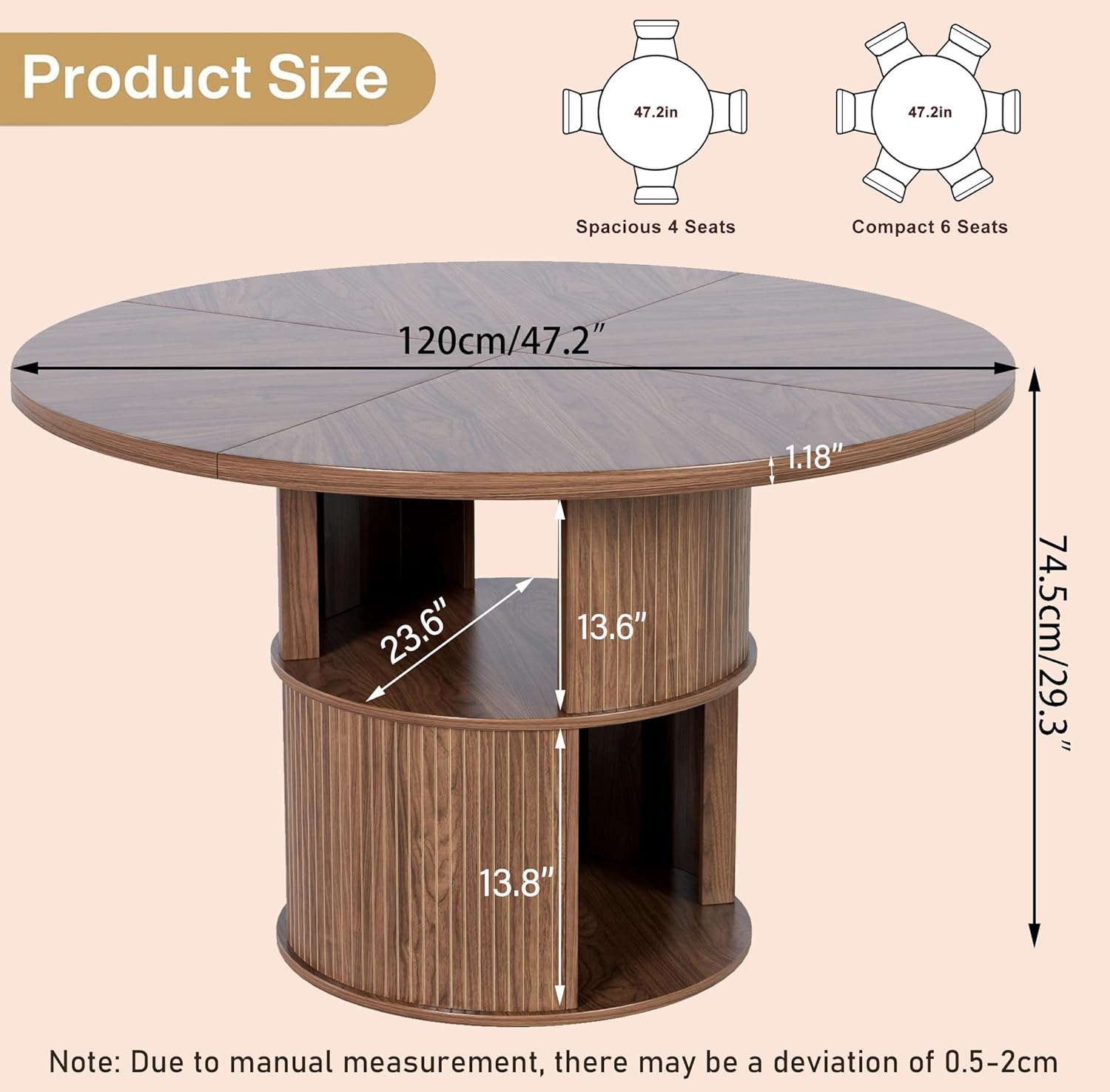 47 inch Round Dining Table for 4, Farmhouse Kitchen Dining Table with 2-Layer Storage Shelf and Fluted Panel, Modern Wooden Dining Room Table for Home, Kitchen, Living Room (Walnut)
