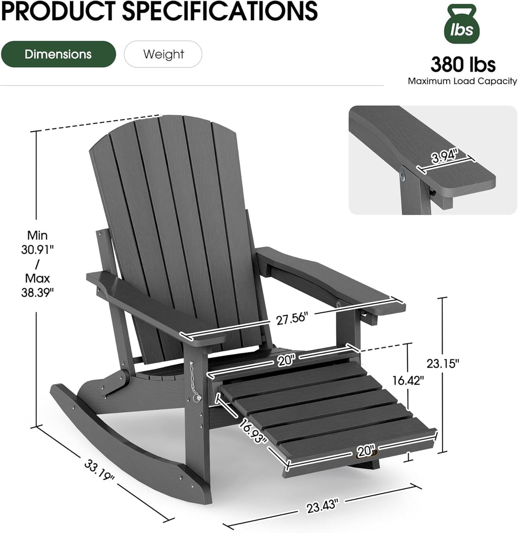 Adjustable Adirondack Rocking Chair Set of 2 with Retractable Ottoman Footrest, 4-in-1 Foldable HDPE Outdoor Rocker, Weather Resistant Adirondack Chair for Porch, Garden & Poolside, Grey