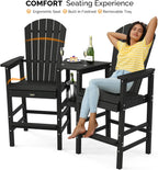 VINGLI Tall Adirondack Chairs Set of 2 with Dual Trays, All-Weather HDPE Outdoor BarStools Poly Deck Chairs for Patio, Poolside and Balcony (Black)