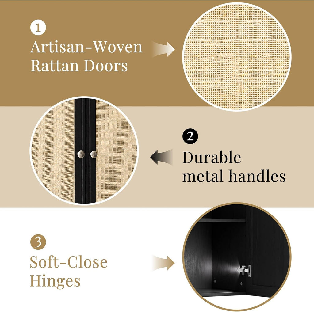 Laundry Room Cabinets with Lights, 24INCH Bathroom Cabinets Wall Mounted with Adjustable Shelves, Rattan Wall Cabinet for Bedroom, Kitchen, Bathroom (2PCS, Black)