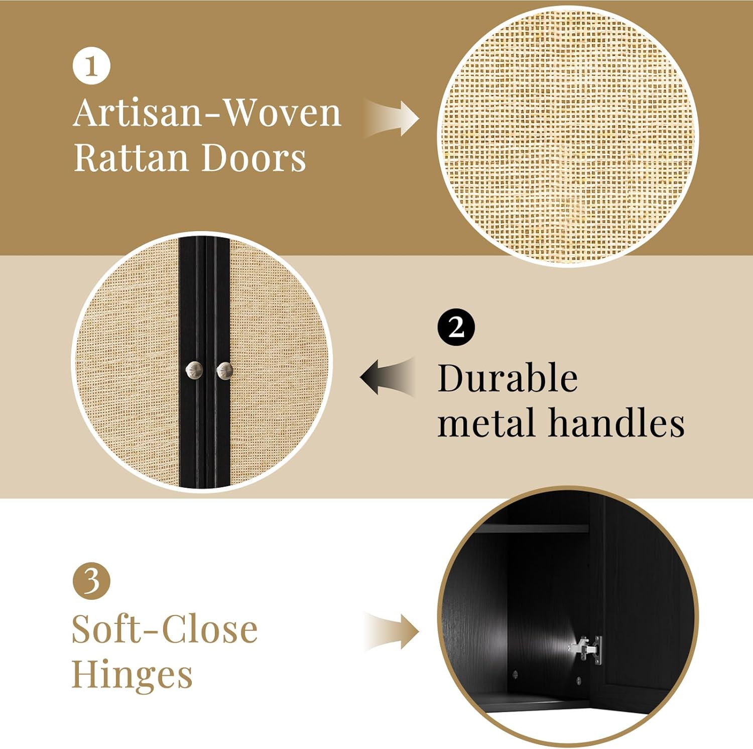 Laundry Room Cabinets with Lights, 24INCH Bathroom Cabinets Wall Mounted with Adjustable Shelves, Rattan Wall Cabinet for Bedroom, Kitchen, Bathroom (2PCS, Black)