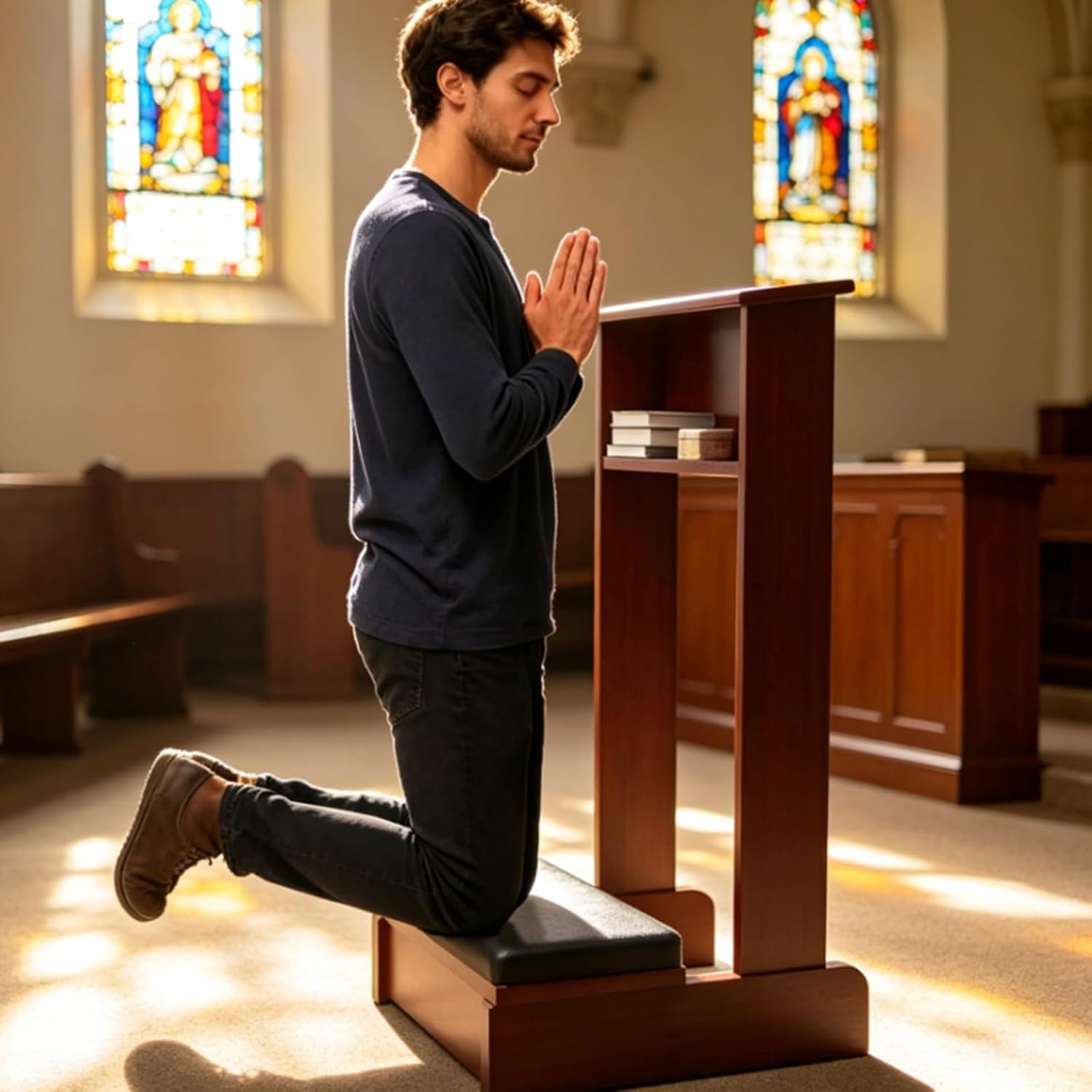 Prayer Kneeler with Sturdy Material, Easy to Clean, Prayer Bench High Resilience Sponge Pad, with Storage Drawer, for Home Church(Brown)