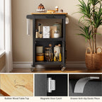 Qsun Microwave Cart, Microwave Stand | Kitchen Island on Wheels, Rolling Kitchen Cart with Rubber Wood Countertop, Side Hook, Microwave Cart for Small Space