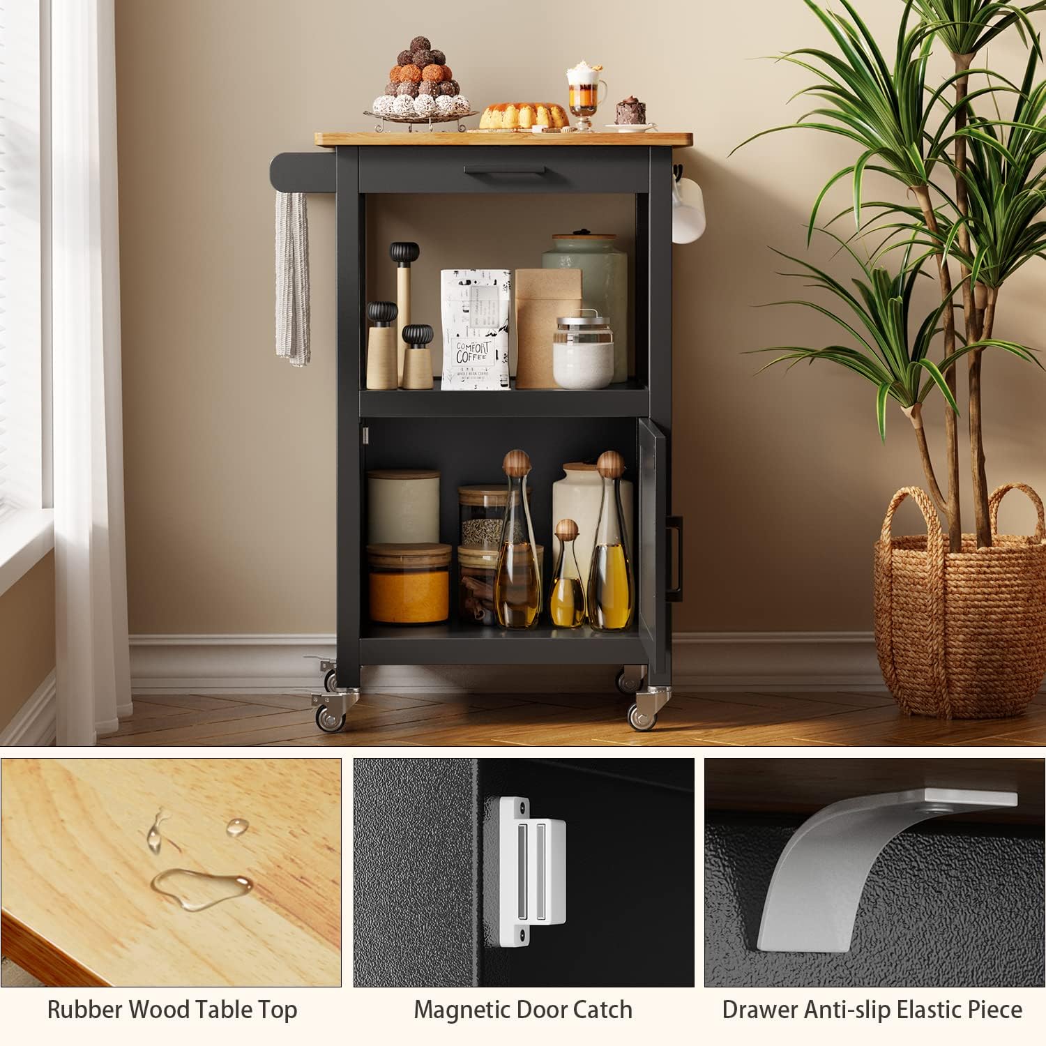 Qsun Microwave Cart, Microwave Stand | Kitchen Island on Wheels, Rolling Kitchen Cart with Rubber Wood Countertop, Side Hook, Microwave Cart for Small Space