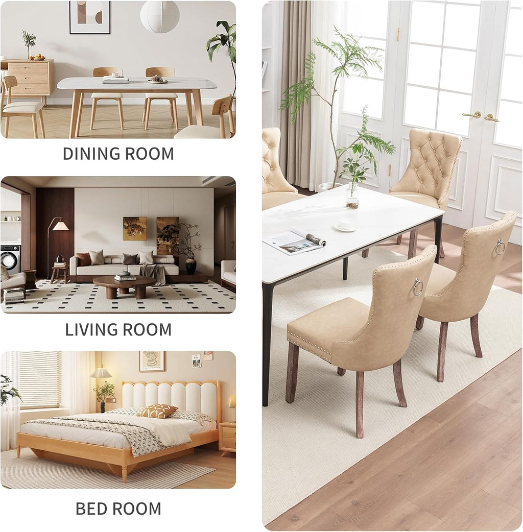 Leather Dining Chairs Set of 6, Upholstered Dining Room Chairs with Nailhead Trim, Sillas de Comedor Modernas 6, Wooden Kitchen Chairs for Dining Room, Living Room, Kitchen, Bedroom, Beige