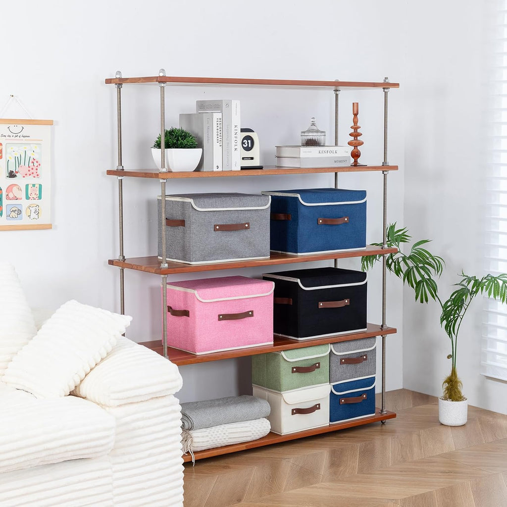 Collapsible Storage Boxes Baskets with Lid Cotton Linen Fabric Storage Bins with Faux Leather Handles Decorative Washable Cube Organizer Container for Home Closet Bedroom (Blue, Small Size)