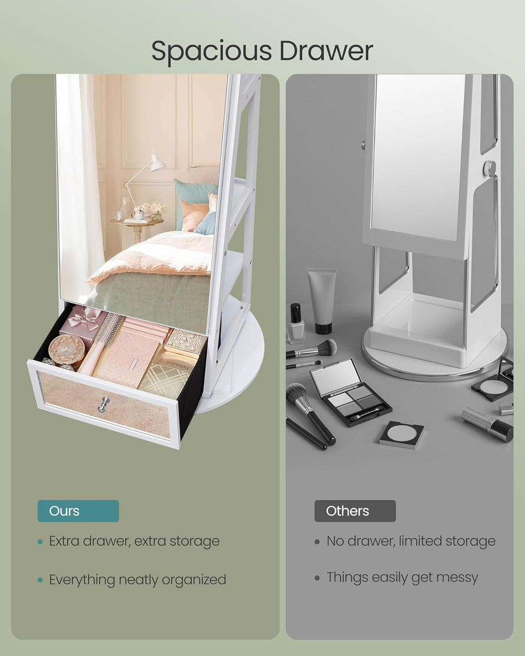 SONGMICS 360° Swivel Jewelry Cabinet, Full-Length Arched Mirror with LED Lights, Magnifying Mirror, Storage Shelves, Drawer, Cloud White UJJC030WB01