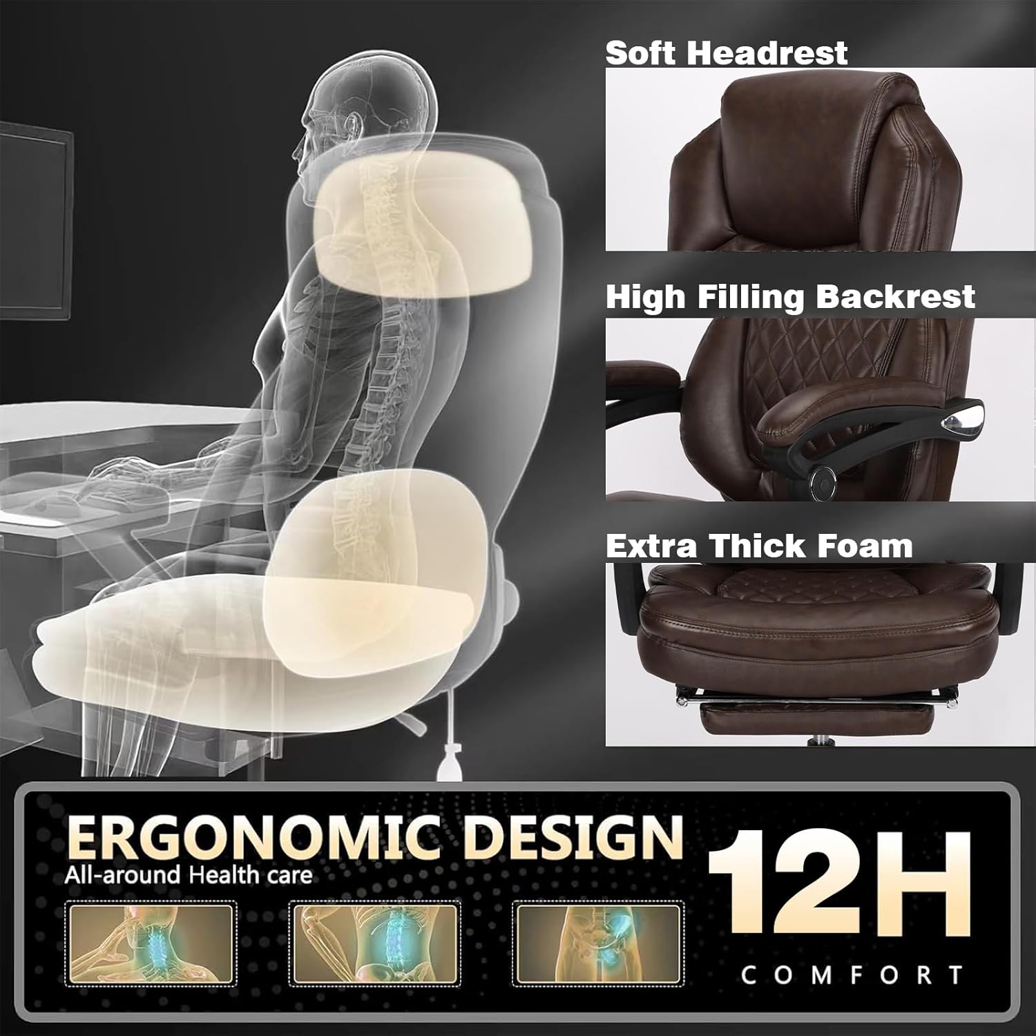 400lbs Ergonomic Reclining Office Chair with Footrest, Plus Size Big Tall Leather Recliner Office Desk Chairs with Foot Leg Rest, Brown