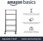 Amazon Basics 5-Shelf Heavy Duty Garage Shelving Storage Rack with 4" Wheel Casters, Adjustable Metal Wire Organizer, 300 lbs Per Shelf, 30" x 14" x 64.75", Black