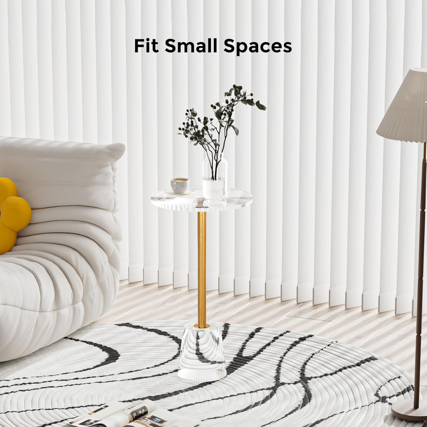 Clear Acrylic Table, Round Modern Side Table, Small End Table, Brushed Brass Metal, Acrylic Furniture for Office, Living Room and Bedroom, 12" L x 12" W x 21.65" H