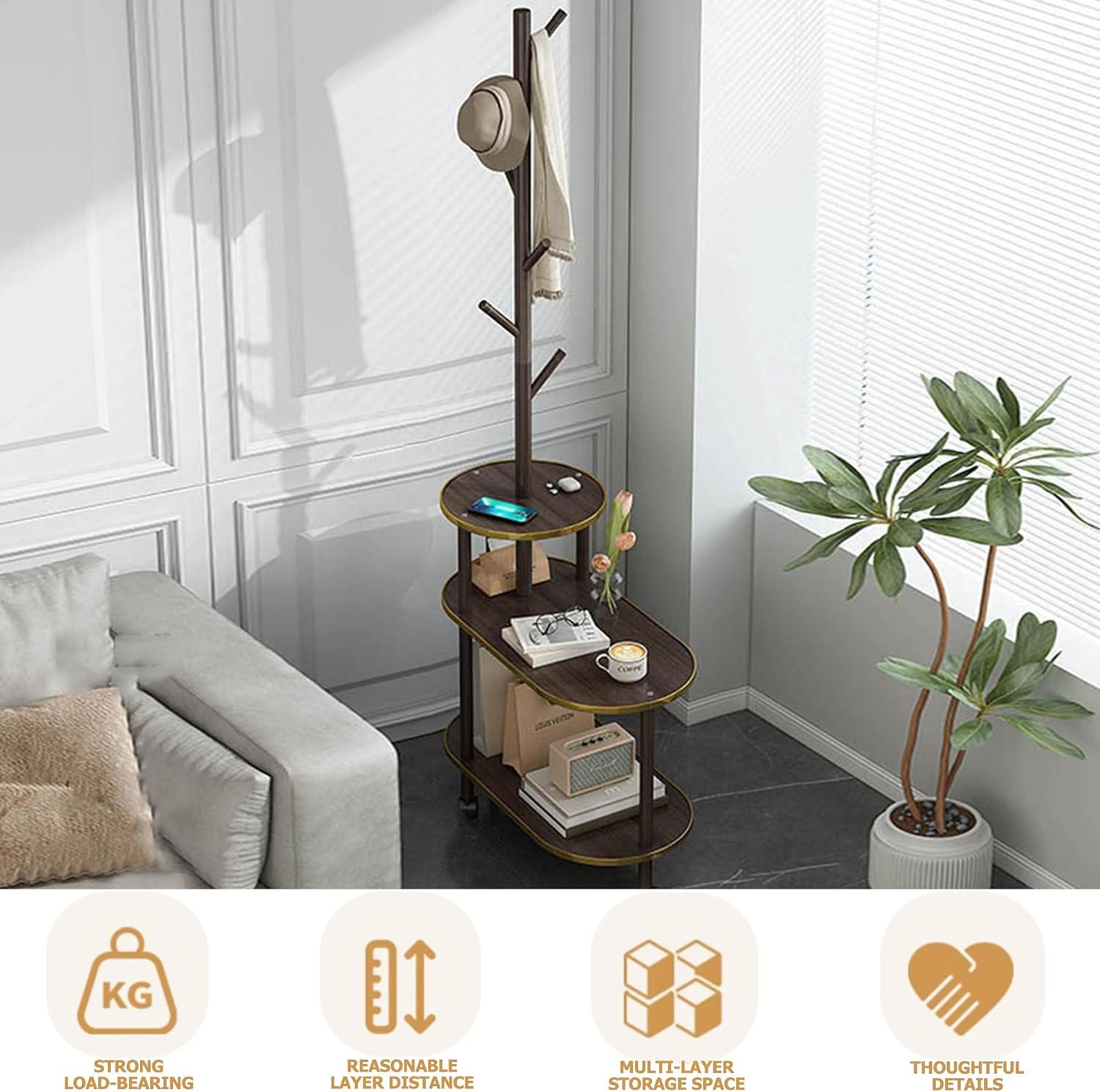 End Table with Coat Rack 3-Tier Couch Side Table with Storage for Small Space Rolling Bedside Tables for Living Room Bedroom 60x30x169CM (Brown)