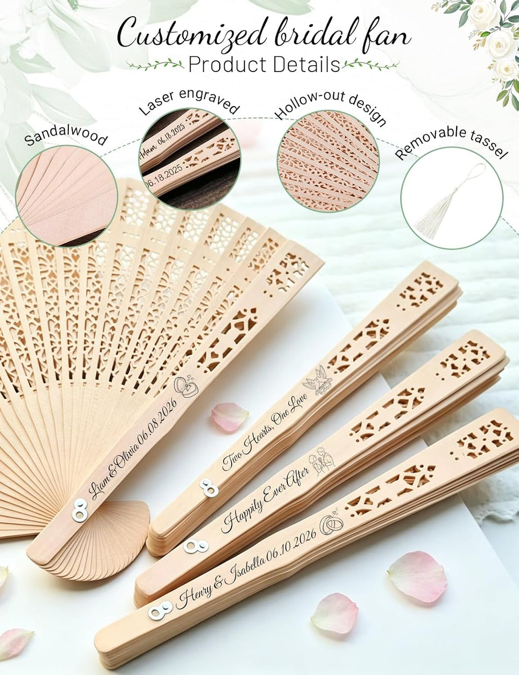 Personalized Fans for Wedding - Handheld Foldable Wooden Fans with Tassels and Organza Bags Custom Wedding Favors for Guests, Eco-Friendly Bulk Bridal Party Gifts (50)