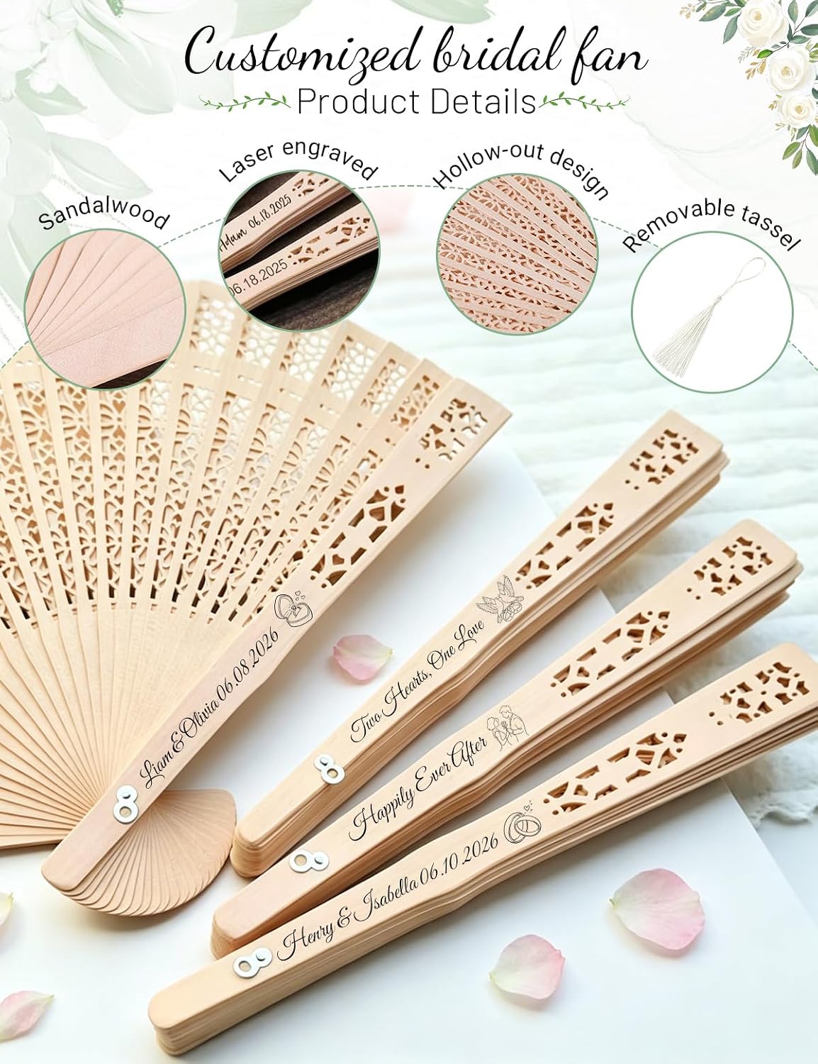 Personalized Fans for Wedding - Handheld Foldable Wooden Fans with Tassels and Organza Bags Custom Wedding Favors for Guests, Eco-Friendly Bulk Bridal Party Gifts (50)