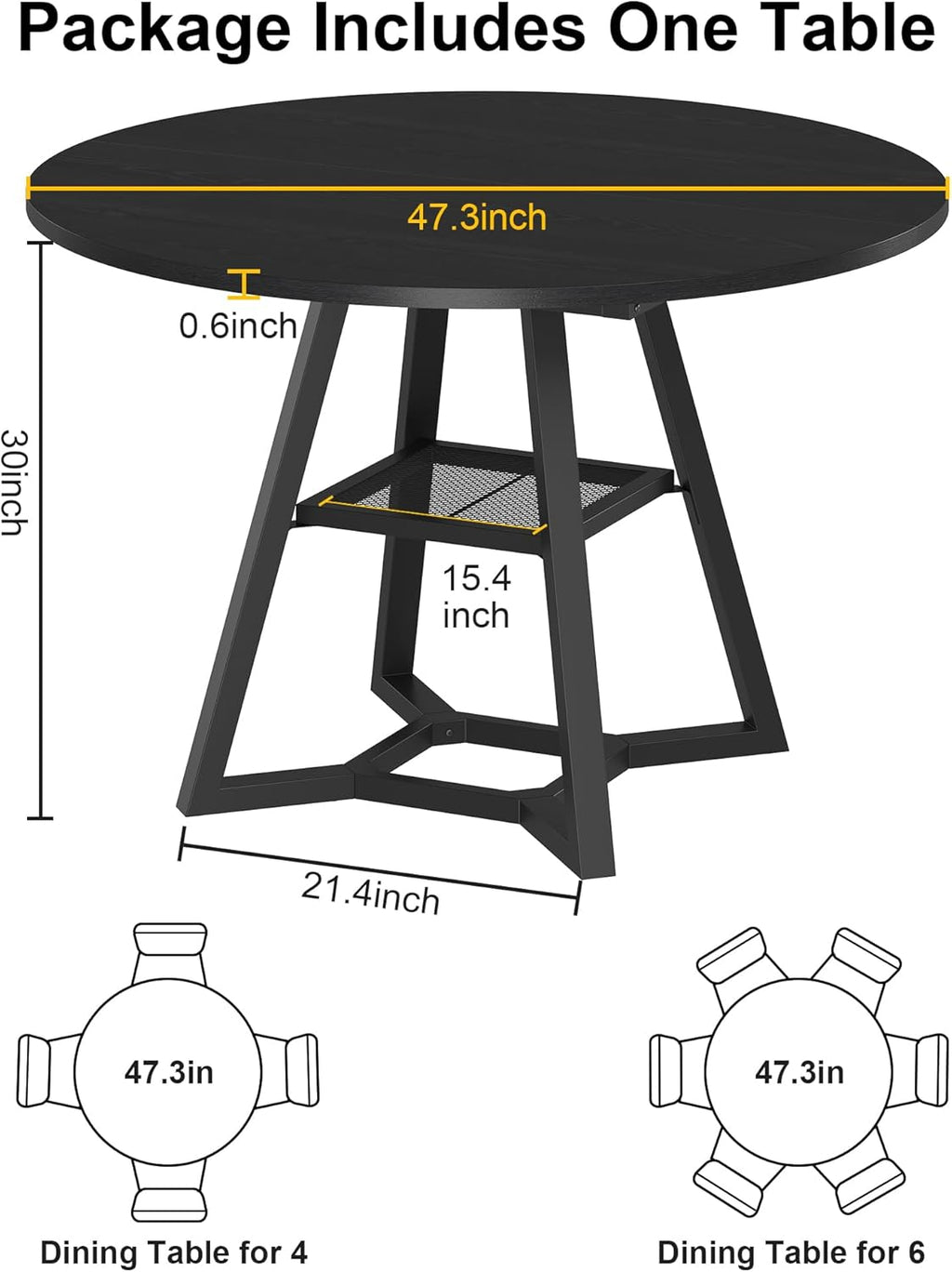knoworld Round Dining Table for 4, Kitchen Tables Dining Room Circle Dinner Table with Pedestal Metal Frame, Space Saving Wood Industrial Kitchen Tables for Dining Room, Living Room, Black, 47 Inch