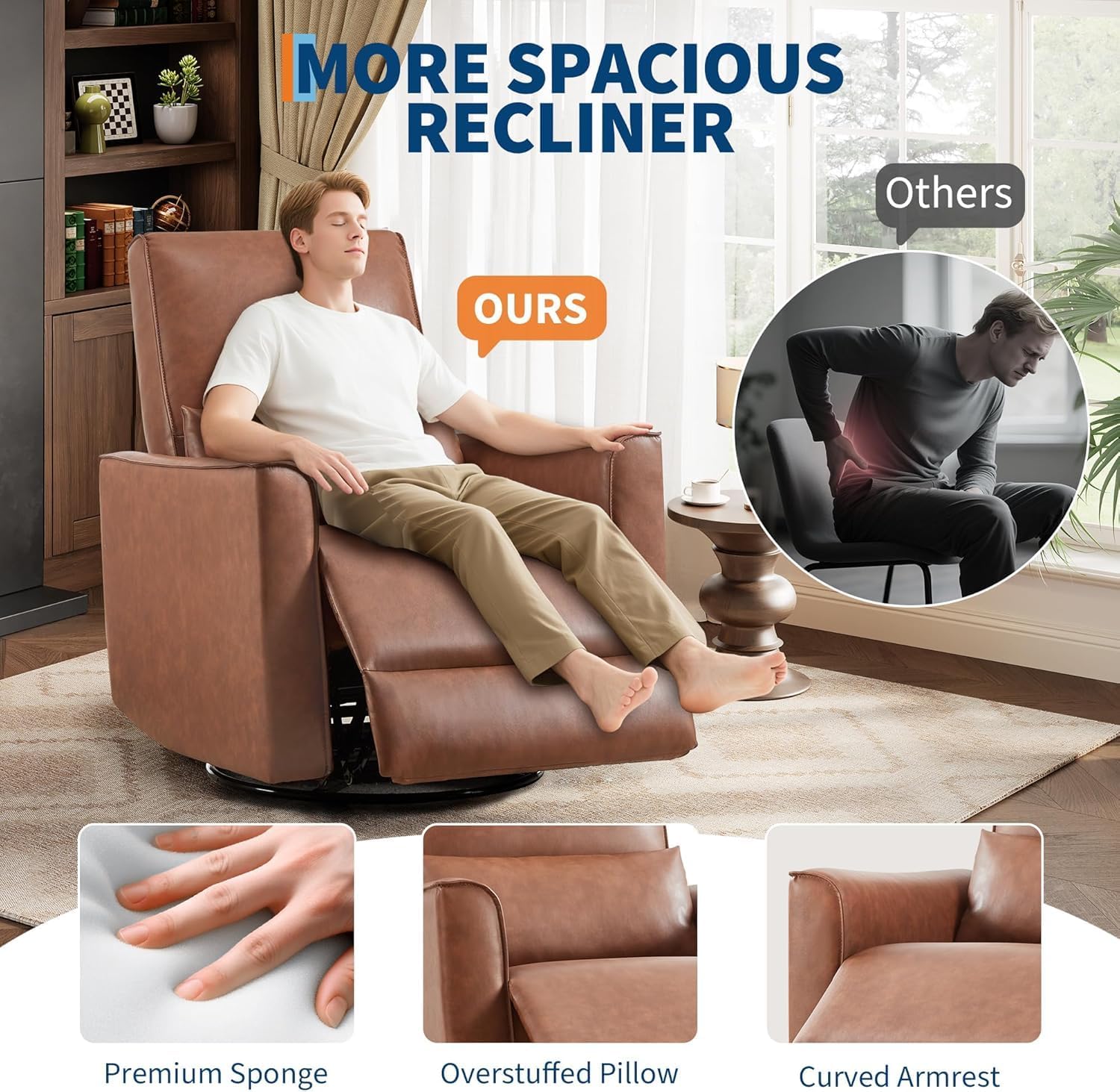 Swivel Rocking Nursery Recliner Chair, Glider Rocker Recliner with High Backrest & Deep Seat, PU Leather Sofa Chair for Nursery, Living Room, Bedroom and Home Theater, Brown