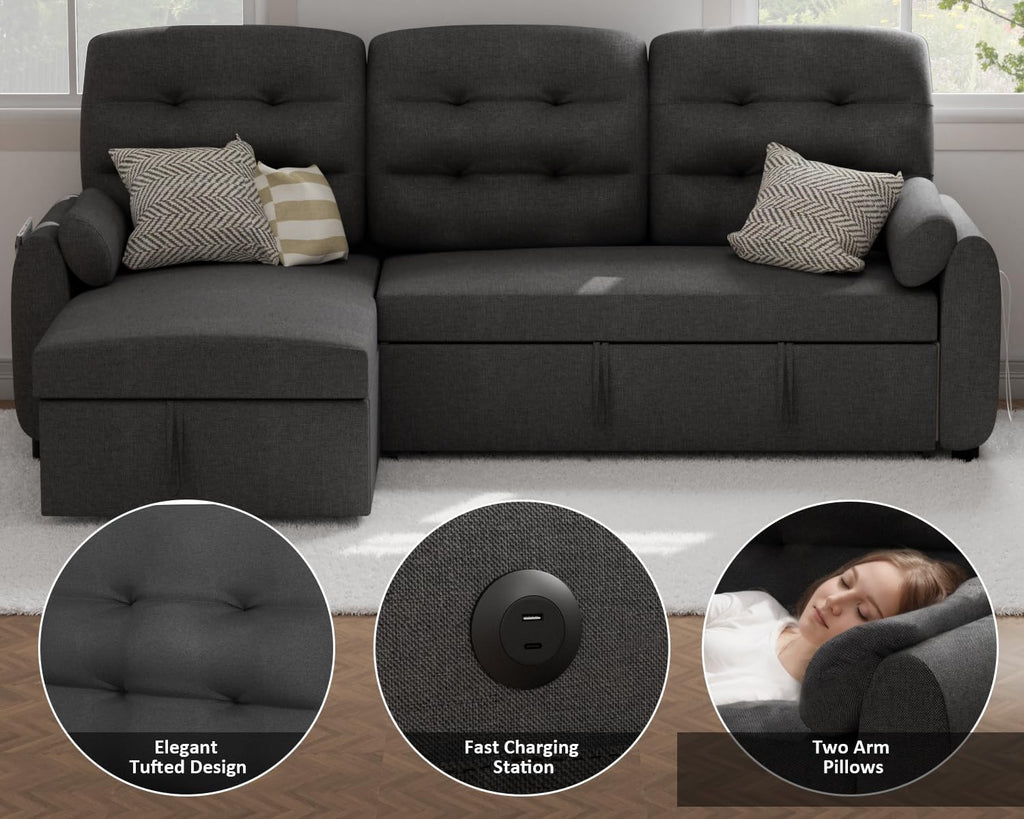 86" Sleeper Sofa Bed, Pull Out Couch Bed with Reversible Storage Chaise, Sectional Couches for Living Room with Side Pocket | Charging Station | Removable Backrest | Prime Linen, Dark Grey