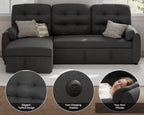 86" Sleeper Sofa Bed, Pull Out Couch Bed with Reversible Storage Chaise, Sectional Couches for Living Room with Side Pocket | Charging Station | Removable Backrest | Prime Linen, Dark Grey