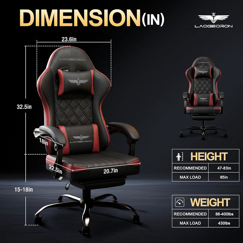 Ergonomic Gaming Chair with Retractable Footrest, High Back Video Game Chairs Computer Gaming Chairs with Headrest and Lumbar Support 400 lbs Linked Armrests Adult Chair (Black Red)